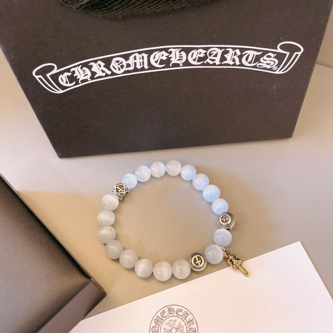 Chrome Hearts Moonstone Beaded Bracelet with Silver Charms